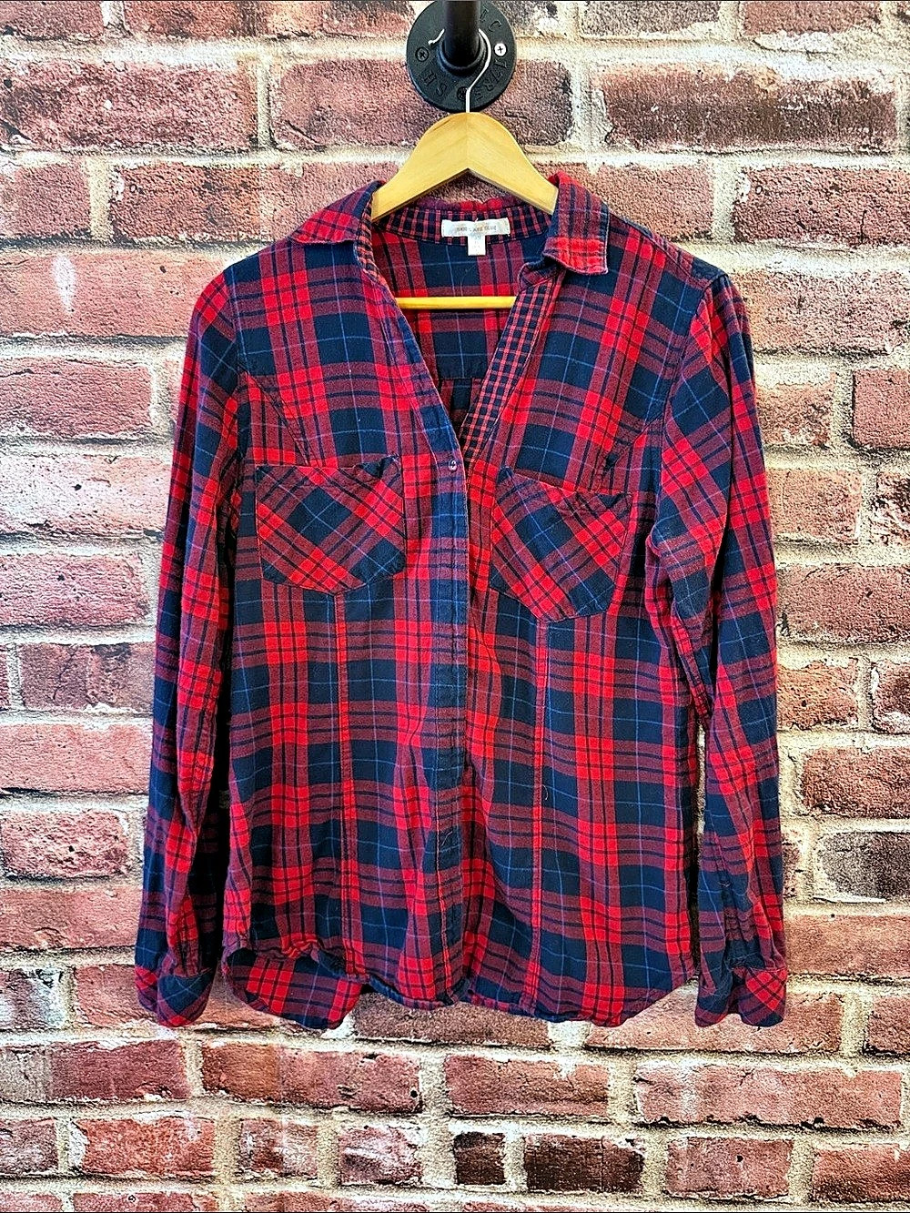 Skies Are Blue Red and Navy Plaid Long Sleeve Button Front Shirt